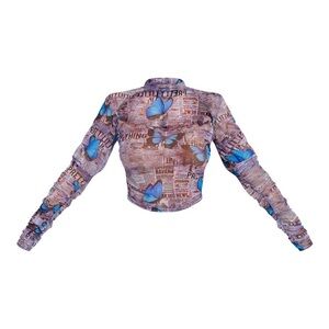 PRETTYLITTLETHING Blue Mesh Newspaper Butterfly Print Cut Out Front Crop Top